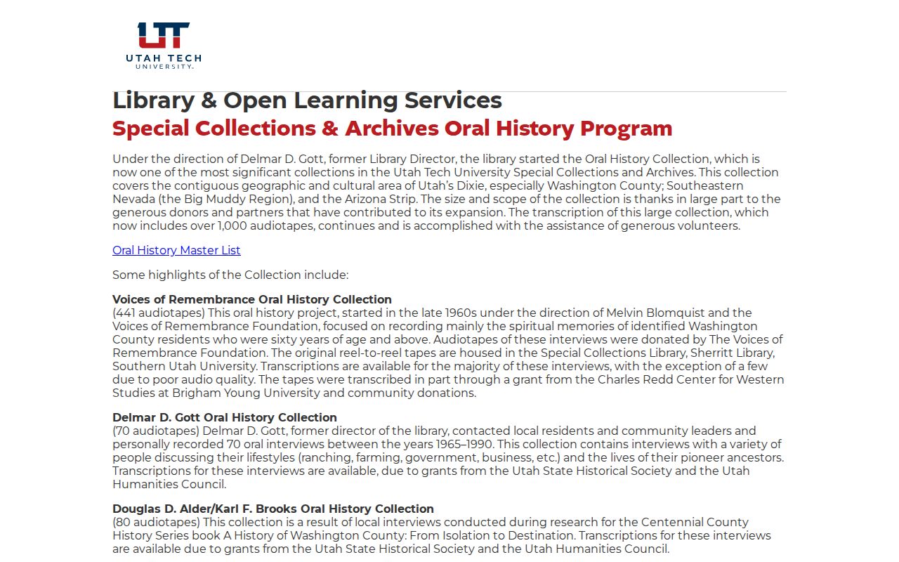 Washington previous residents Utah Tech oral histories